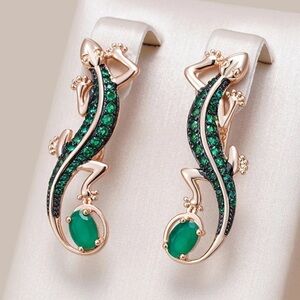 Rose Gold Plated Green Cubic Zirconia Lizard Drop Earrings